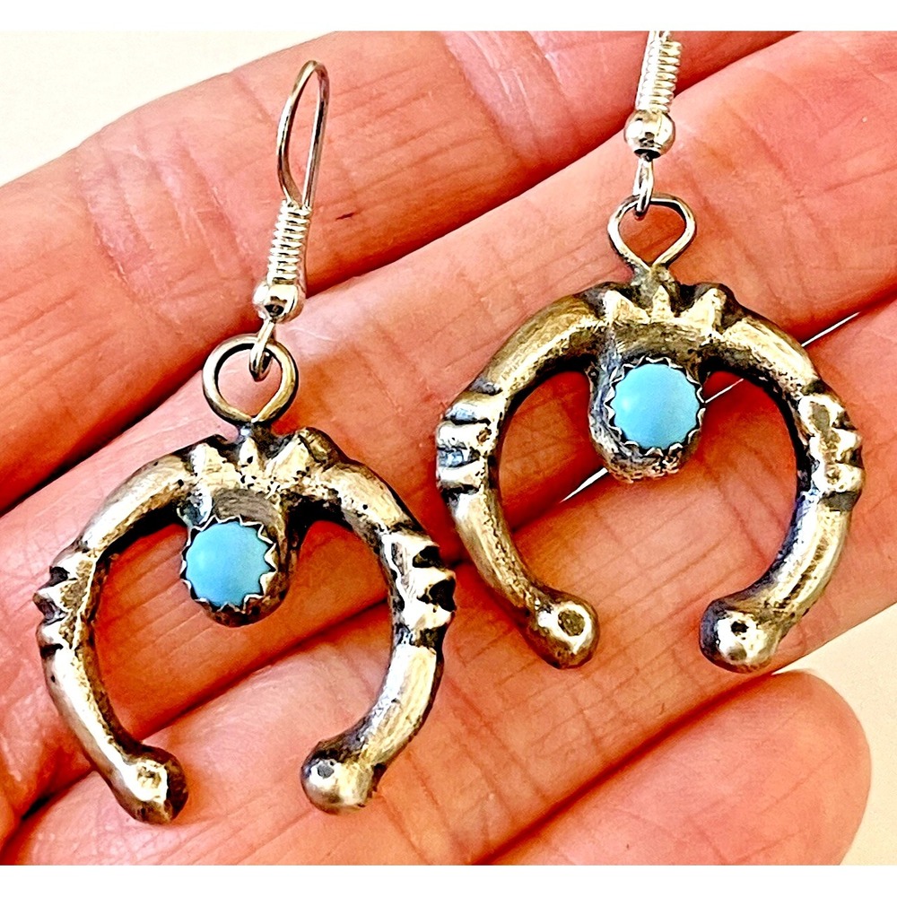Navajo Naja Earrings Turquoise 1.75in Signed CY Sterling‎ Matte Hook Dangle